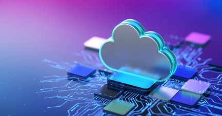 3D illustration of a cloud computing icon positioned on a glowing circuit board, surrounded by interconnected microchips and digital pathways