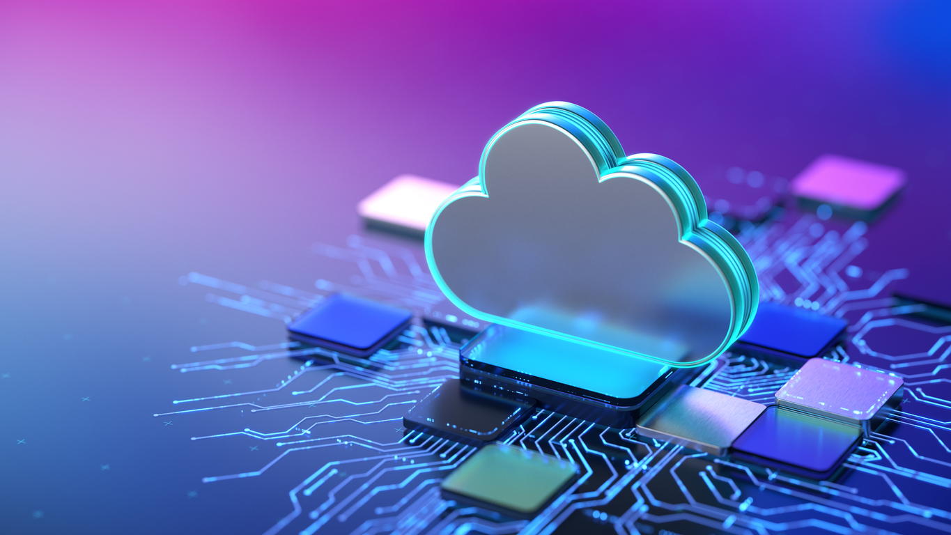 3D illustration of a cloud computing icon positioned on a glowing circuit board, surrounded by interconnected microchips and digital pathways
