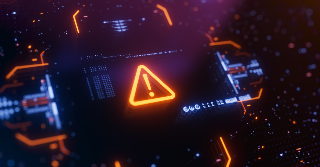 Digital red warning sign over a computerized background
