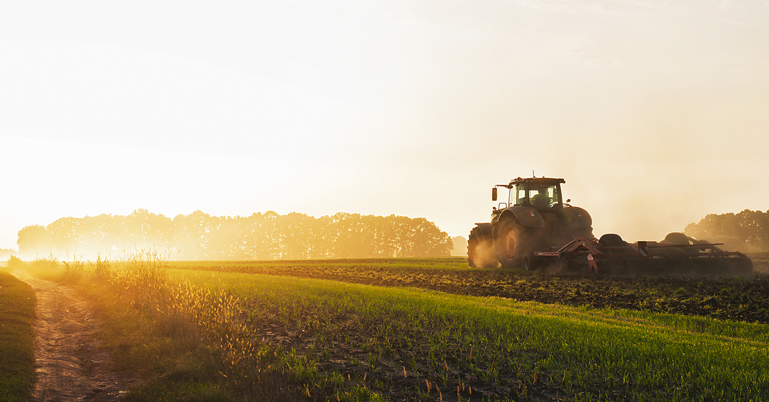 Tractor working in a field at sunrise, preparing farmland with golden light across the landscape and a tree line in the background.