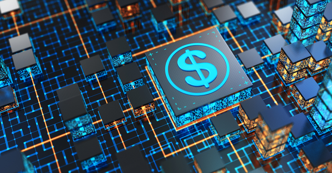 A glowing dollar sign on a central digital chip surrounded by interconnected blue and orange circuit lines and illuminated blocks, representing financial technology and digital transactions.