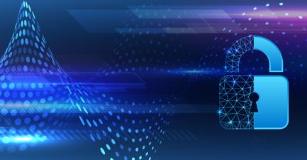 A blue lock over an abstract dark blue and light blue wave in the background, signifying digital transformation.