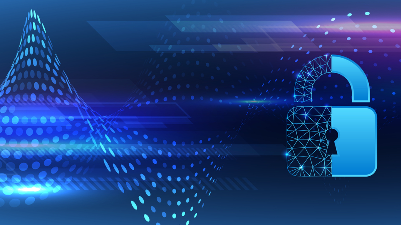 A blue lock over an abstract dark blue and light blue wave in the background, signifying digital transformation.