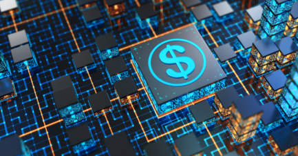 Futuristic digital landscape featuring a prominent blue dollar sign microchip surrounded by glowing circuit board pathways and server blocks.