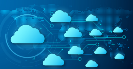 Illustration of multiple blue cloud icons connected across a digital world map, representing cloud computing, data sharing, and global network connectivity.