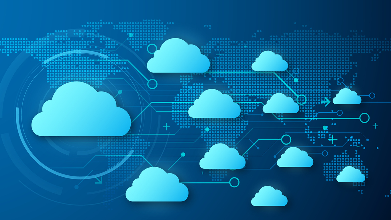 Illustration of multiple blue cloud icons connected across a digital world map, representing cloud computing, data sharing, and global network connectivity.
