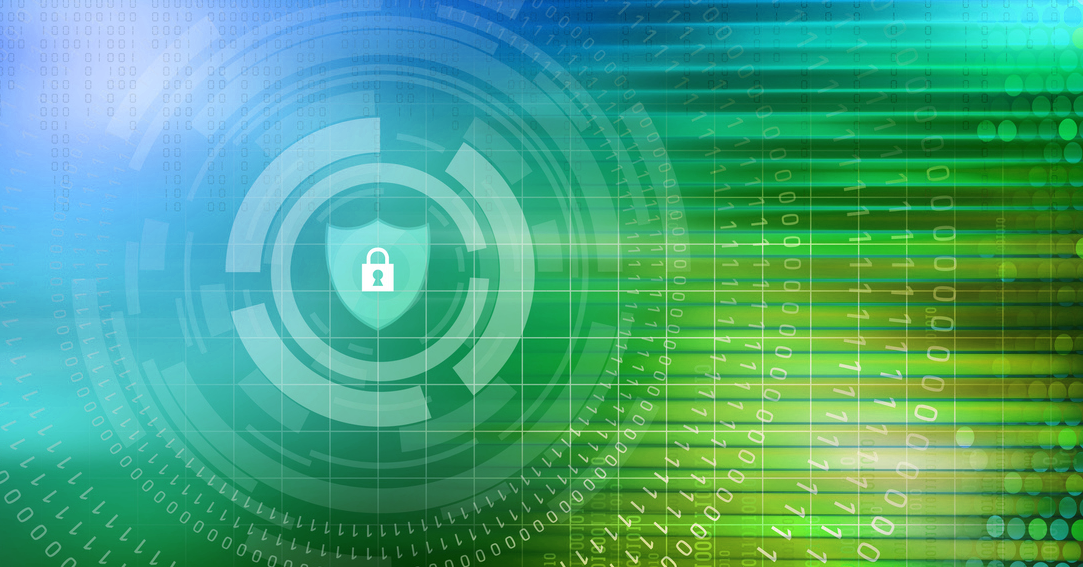 Abstract cybersecurity graphic featuring a lock icon inside a protective shield symbol, surrounded by circular tech interfaces and binary code stream overlays on a blue and green background.