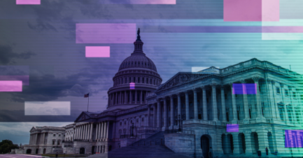 U.S. Capitol Building under a moody sky, styled with a digital glitch effect and floating pink, purple, and teal pixel blocks.