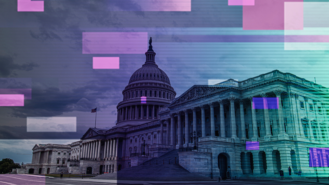 U.S. Capitol Building under a moody sky, styled with a digital glitch effect and floating pink, purple, and teal pixel blocks.