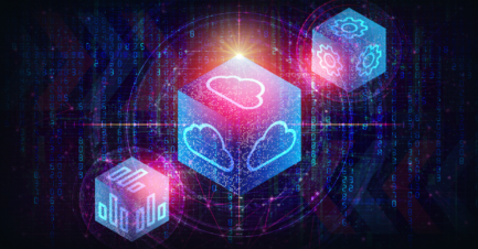 Abstract digital graphic featuring glowing 3D cube blocks displaying cloud computing, gear, and data chart icons against a binary code background.