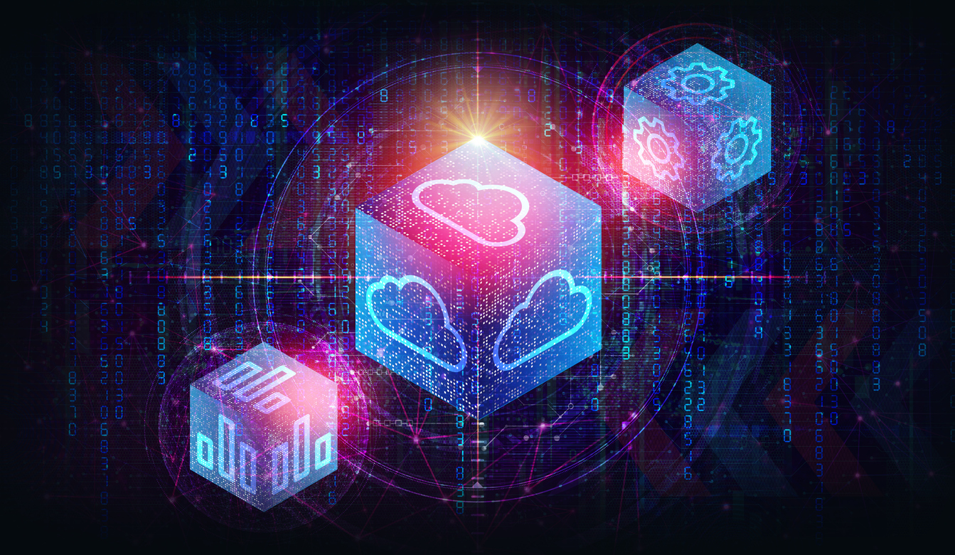 Abstract digital graphic featuring glowing 3D cube blocks displaying cloud computing, gear, and data chart icons against a binary code background.