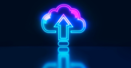 Digital cloud with an arrow pointing up on a dark background