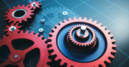red industrial gears and mechanical components on a blue technical blueprint background