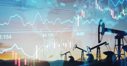 Oil pumpjacks operating in a field with overlaid financial charts, market data, and analytics dashboards