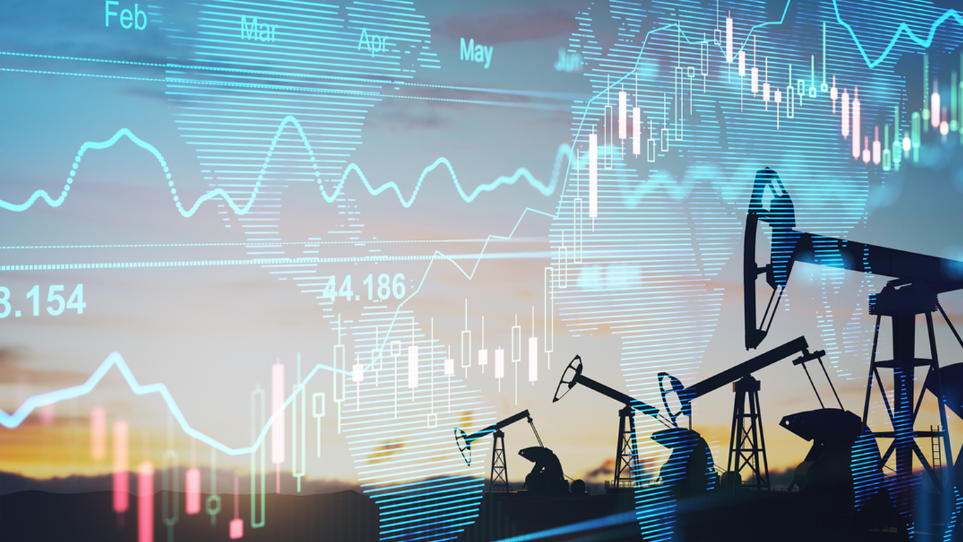 Oil pumpjacks operating in a field with overlaid financial charts, market data, and analytics dashboards