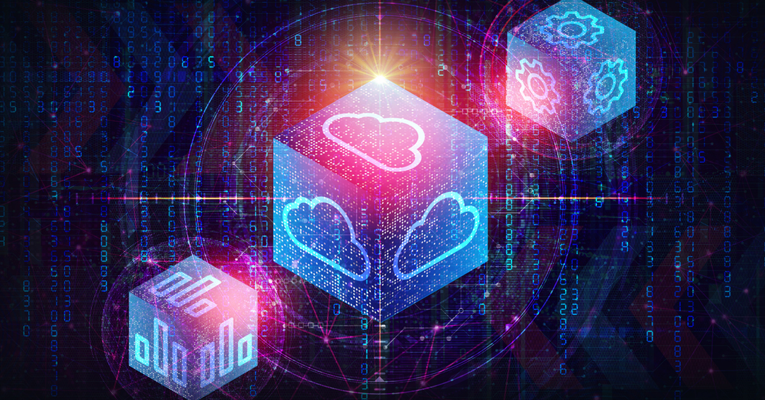 Abstract digital graphic featuring glowing 3D cube blocks displaying cloud computing, gear, and data chart icons against a binary code background.