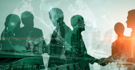 Double exposure image of business professionals handshaking, overlaid with a digital world globe, interconnected network nodes, and a modern city skyline.
