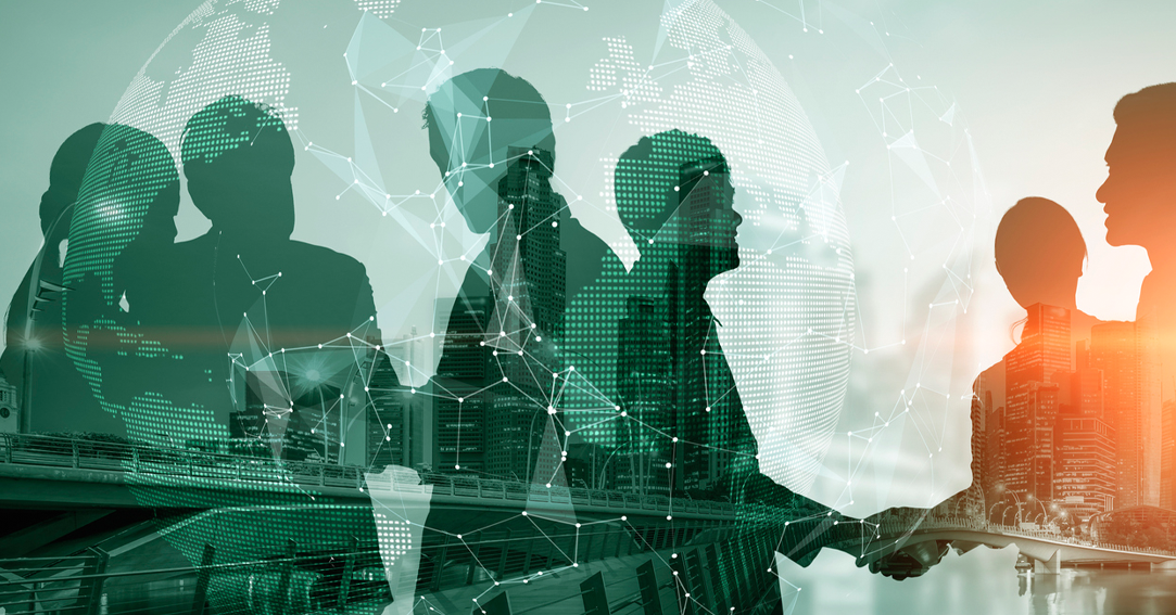 Double exposure image of business professionals handshaking, overlaid with a digital world globe, interconnected network nodes, and a modern city skyline.